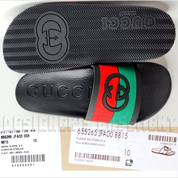 GUCCI men 10 Agrado INTERLOCKING G Logo Black Green Red rubber Slide sandals NIB - Picture 4 of 11